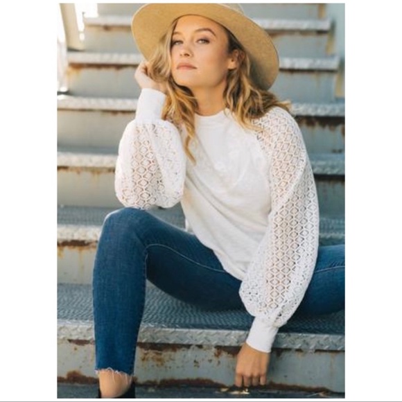 Free People Sweetest Thing Thermal Top size M Lace Balloon Sleeve in White - Picture 3 of 16